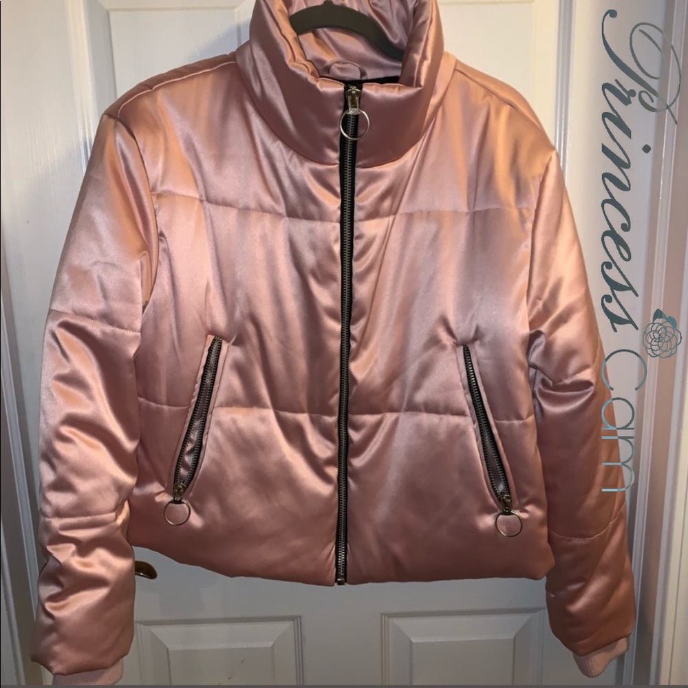 πBagatelle Blush Metallic Satin Zip Bomber Jacket - Picture 5 of 7